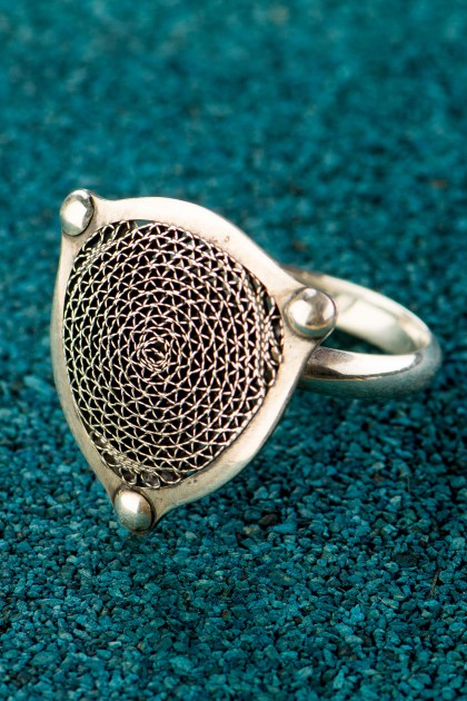 Black First Diatom - Silver filigree ring