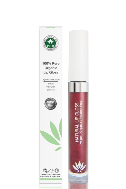 Organic lip gloss with shea butter, jojoba oil, tangerine oil (Plum).